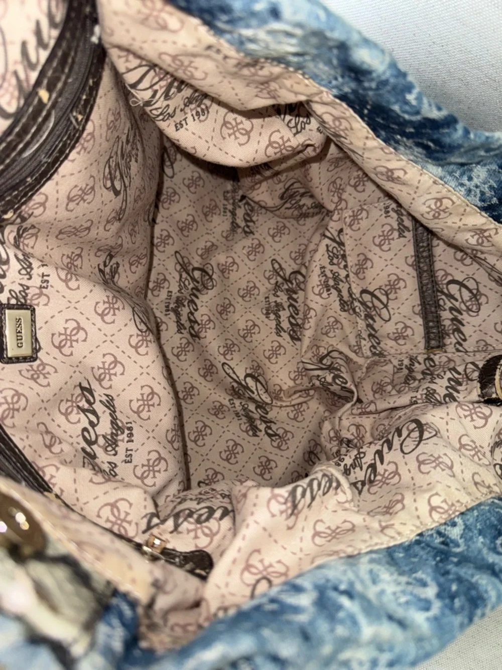 Vintage GUESS Blue Denim Logo Print Large Monogram Y2K Tote Shoulder Bag-READ